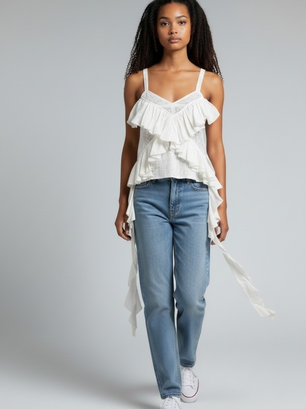 White Eyelet Ruffle Accent Cotton Blend Tank Top Misses Size 8/10 NWT